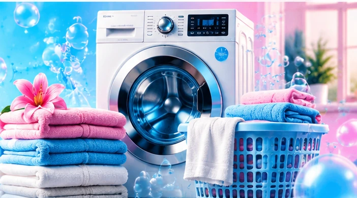 Lavadora moderna junto a toallas limpias de colores azul, blanco y rosado